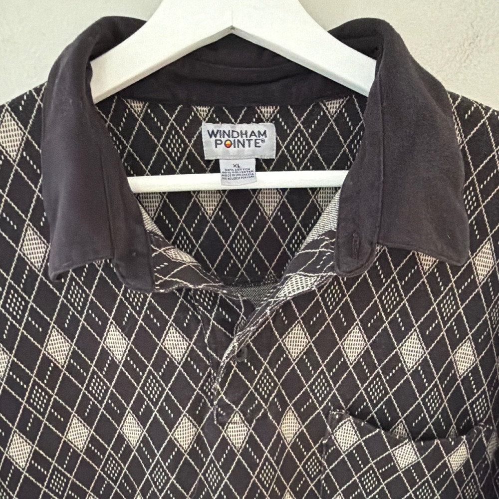 Windham Pointe Mens XL Polo Shirt Black Tan Argyle Diamond Knit‎ Pocket